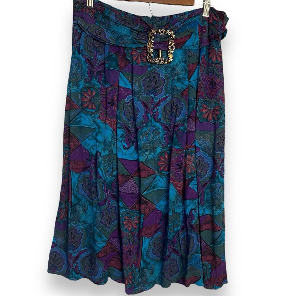 Pappagallo Knee Midi Skirt Women's 16 Multicolor Buckle VTG Casual Pockets Boho